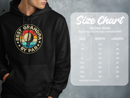 Size chart for Gildan 18500 hooded sweatshirt with "Best Grandpa By Par" graphic.