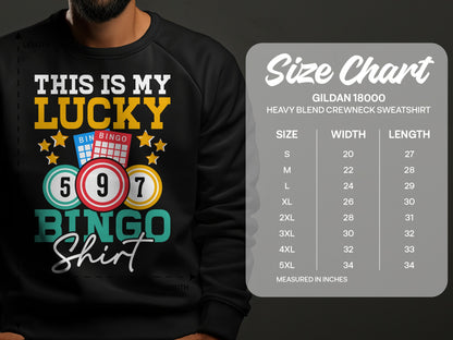 Black sweatshirt with "THIS IS MY LUCKY BINGO Shirt" and a size chart.