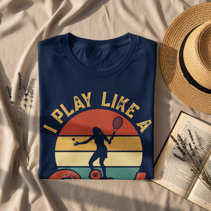 Navy t-shirt with "I PLAY LIKE A" text and tennis player graphic.
