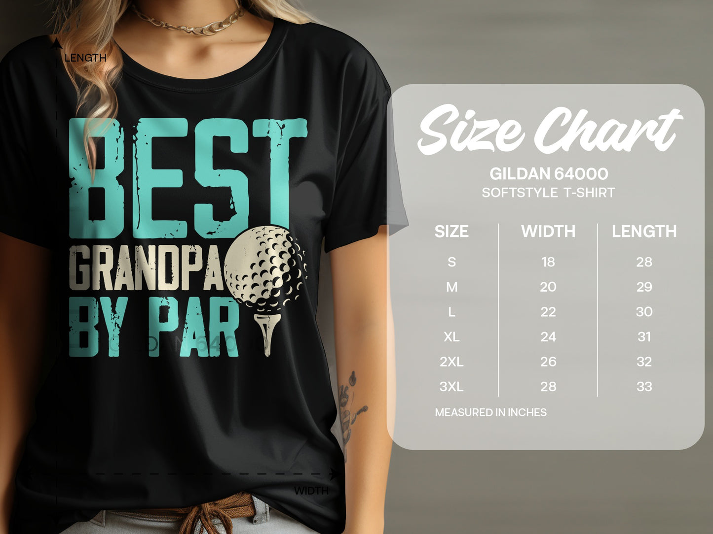 Black t-shirt with "BEST GRANDPA BY PAR" text and golf ball design.