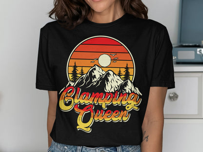 Sunset over mountains with "Glamping Queen" text on a t-shirt.