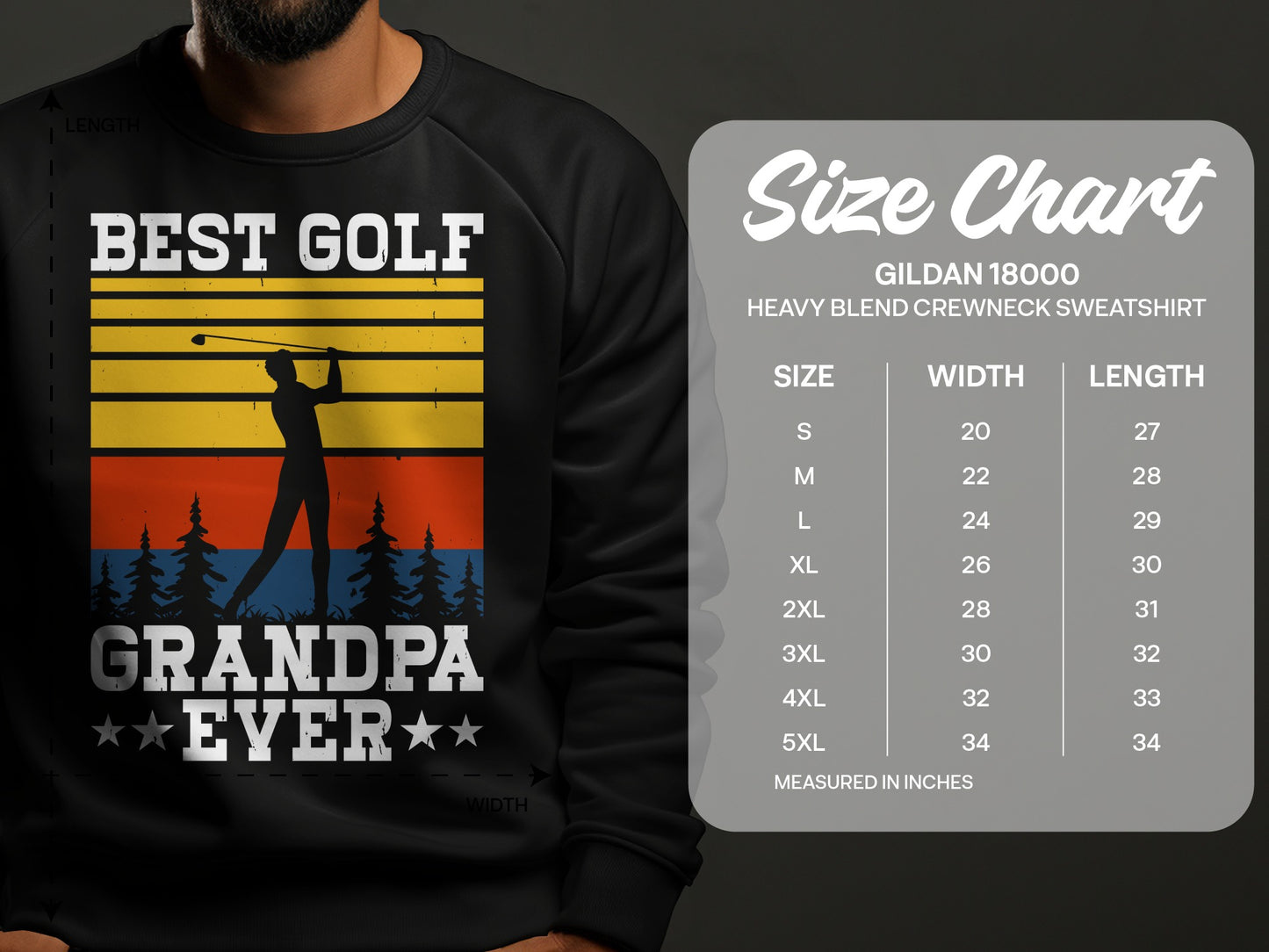 Sweatshirt with "BEST GOLF GRANDPA EVER" graphic and Gildan size chart.