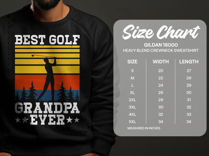 Sweatshirt with "BEST GOLF GRANDPA EVER" graphic and Gildan size chart.