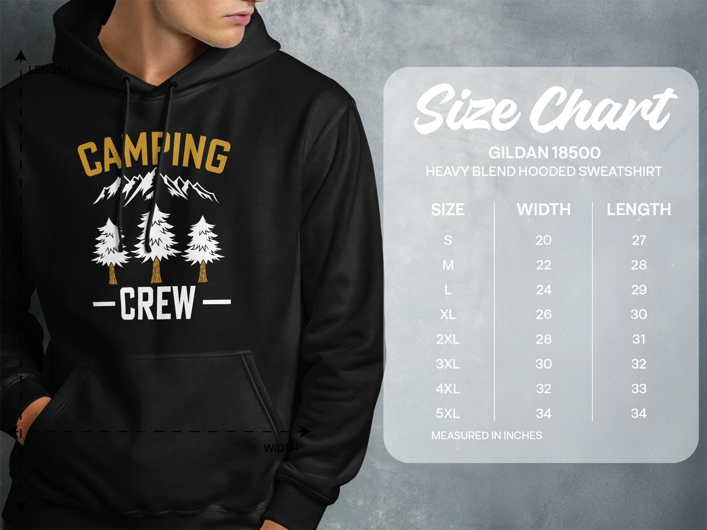 Gildan 18500 hooded sweatshirt size chart with measurements for width and length.