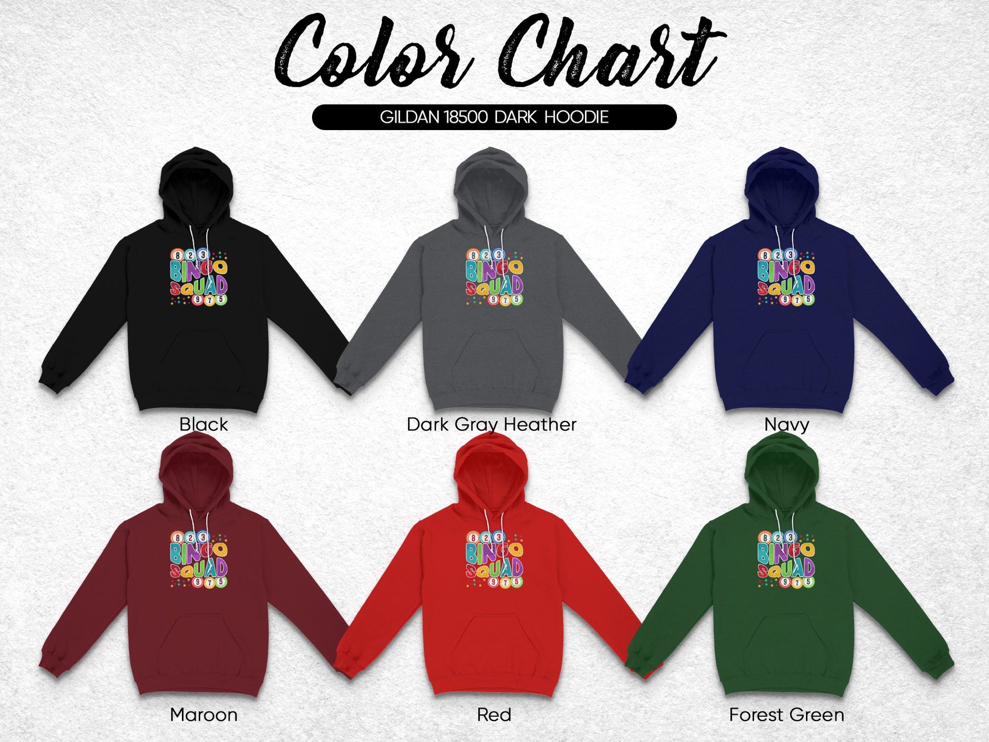 Color chart of Gildan 18500 dark hoodie in six colors.