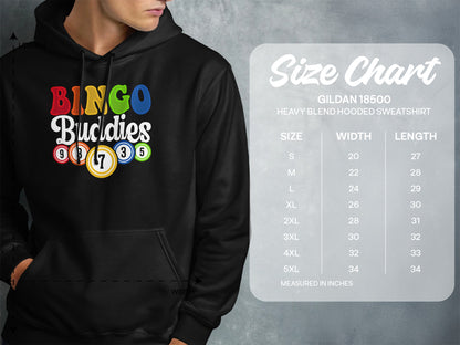 Hooded sweatshirt with "Bingo Buddies" design and size chart.