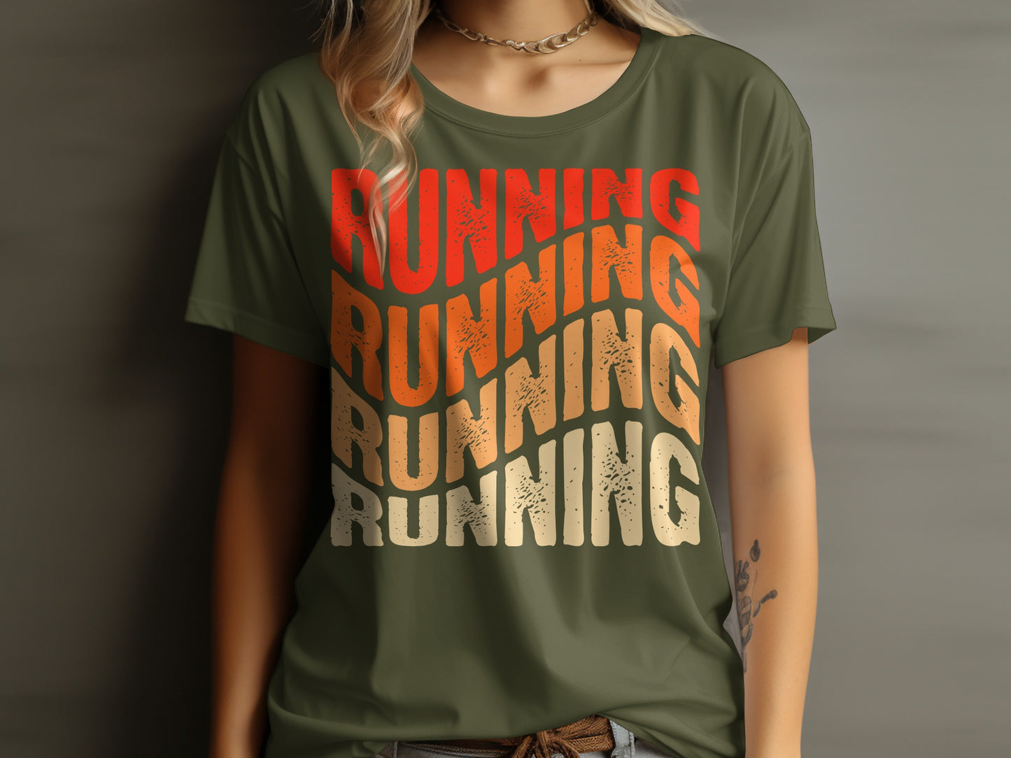 Green t-shirt with "RUNNING" repeated in wavy, colorful text.