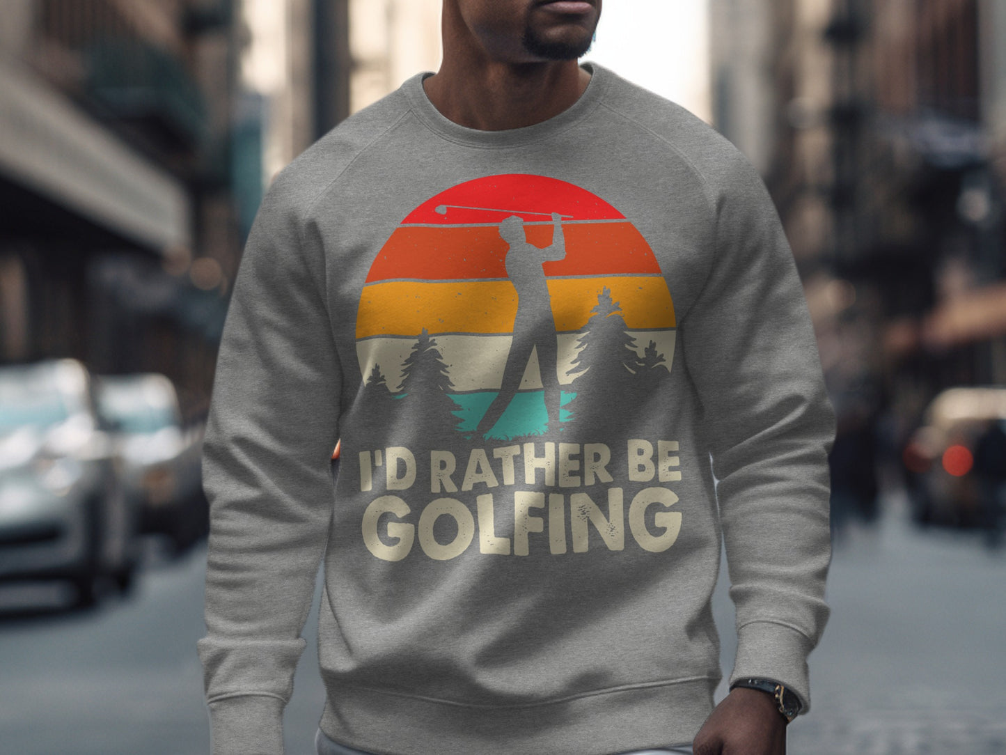 Gray sweatshirt with vintage sunset graphic and "I'd rather be golfing" text.