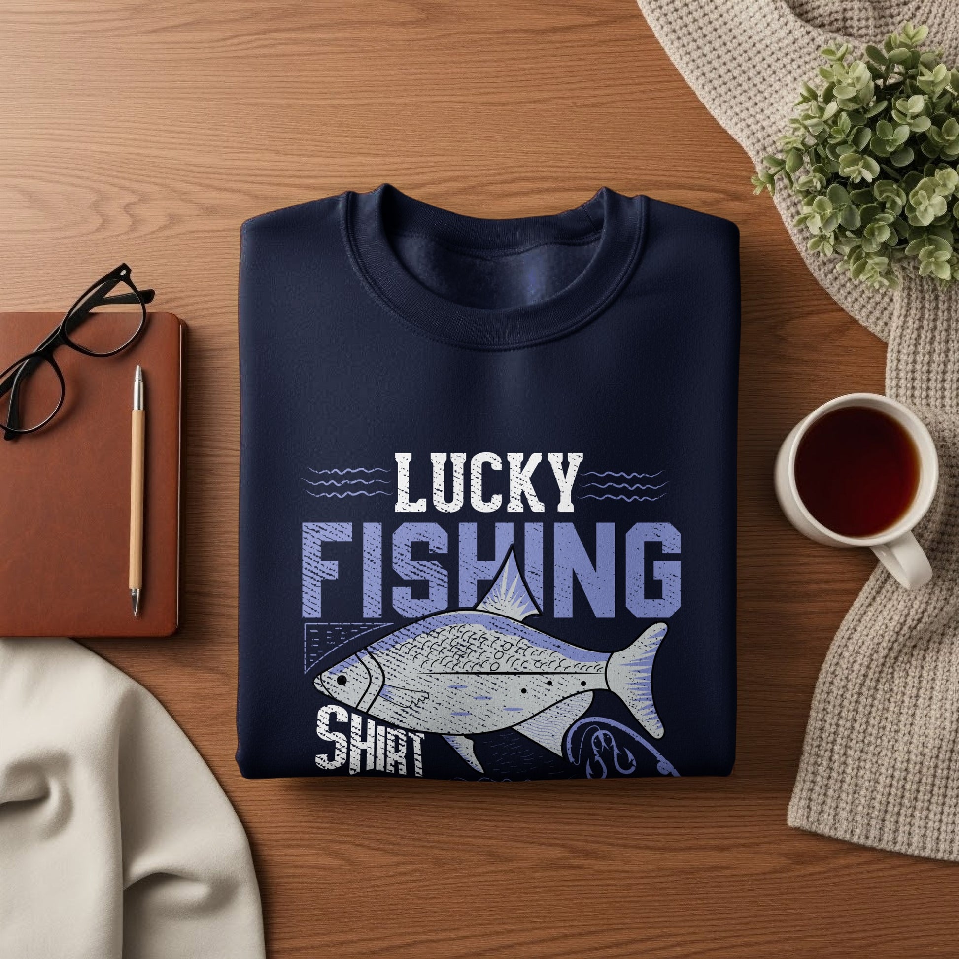 Navy sweatshirt with "Lucky Fishing Shirt" and a fish graphic.