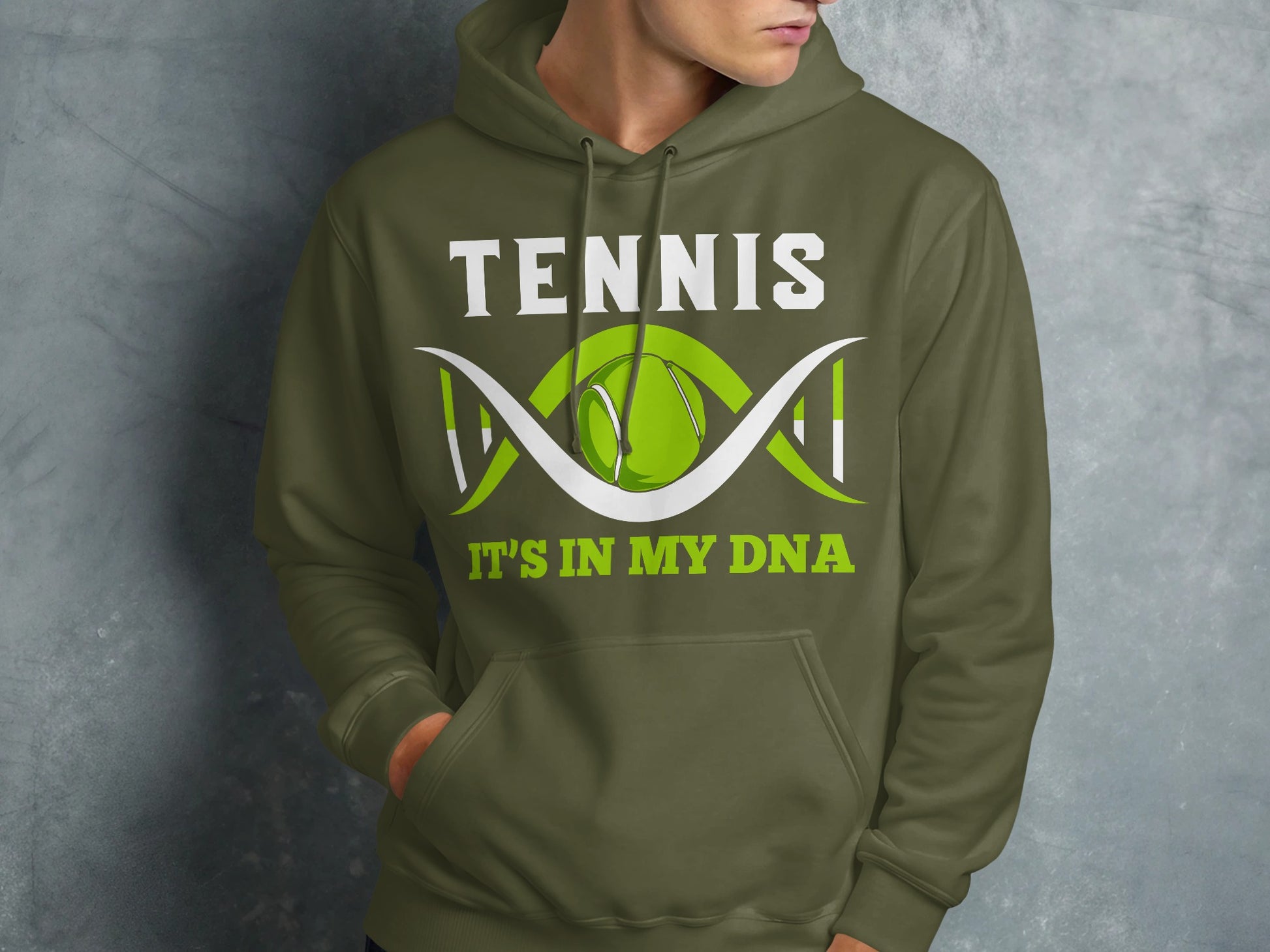 Green hoodie with "TENNIS IT'S IN MY DNA" and tennis ball graphic.