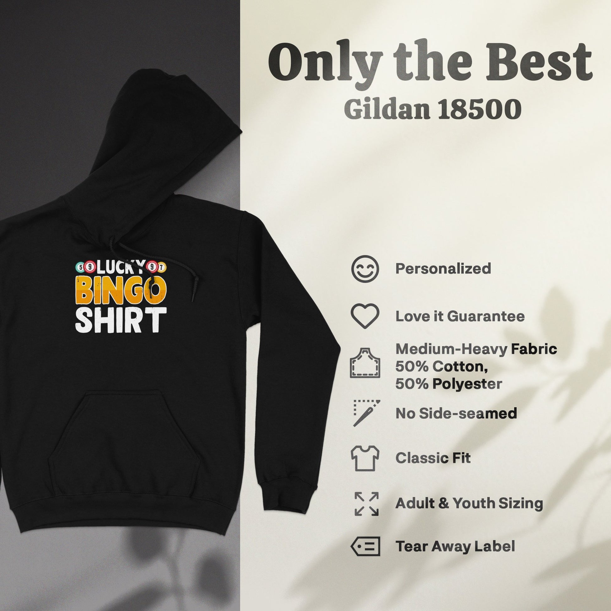 Gildan 18500 hoodie with "Go Lucky OD Bingo Shirt" graphic.