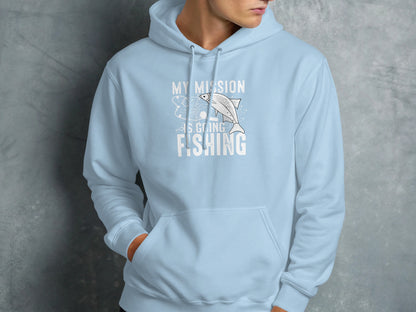 Light blue hoodie with "My mission is going fishing" graphic.