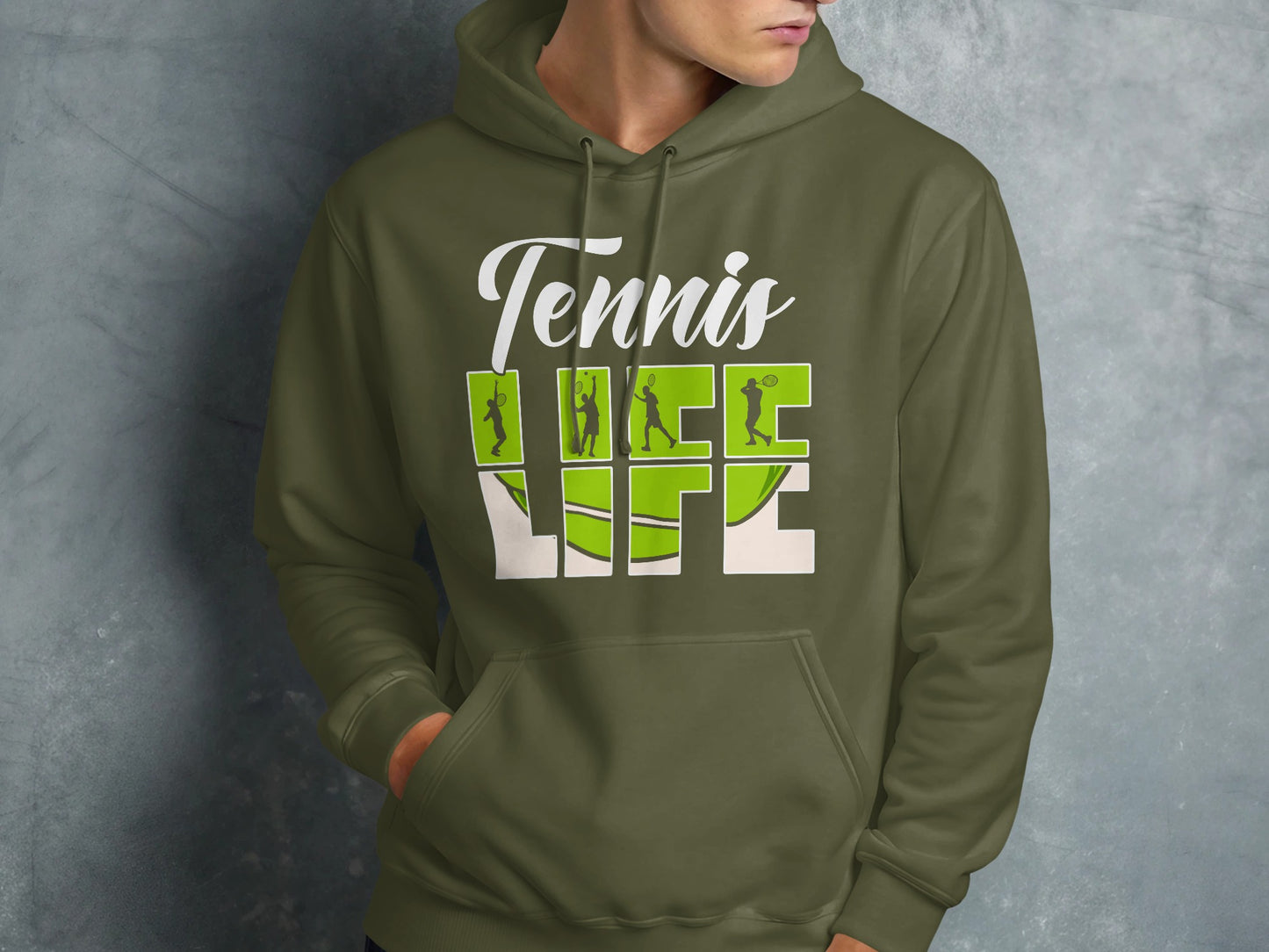 Olive green hoodie with "Tennis Life" text and tennis player silhouettes.