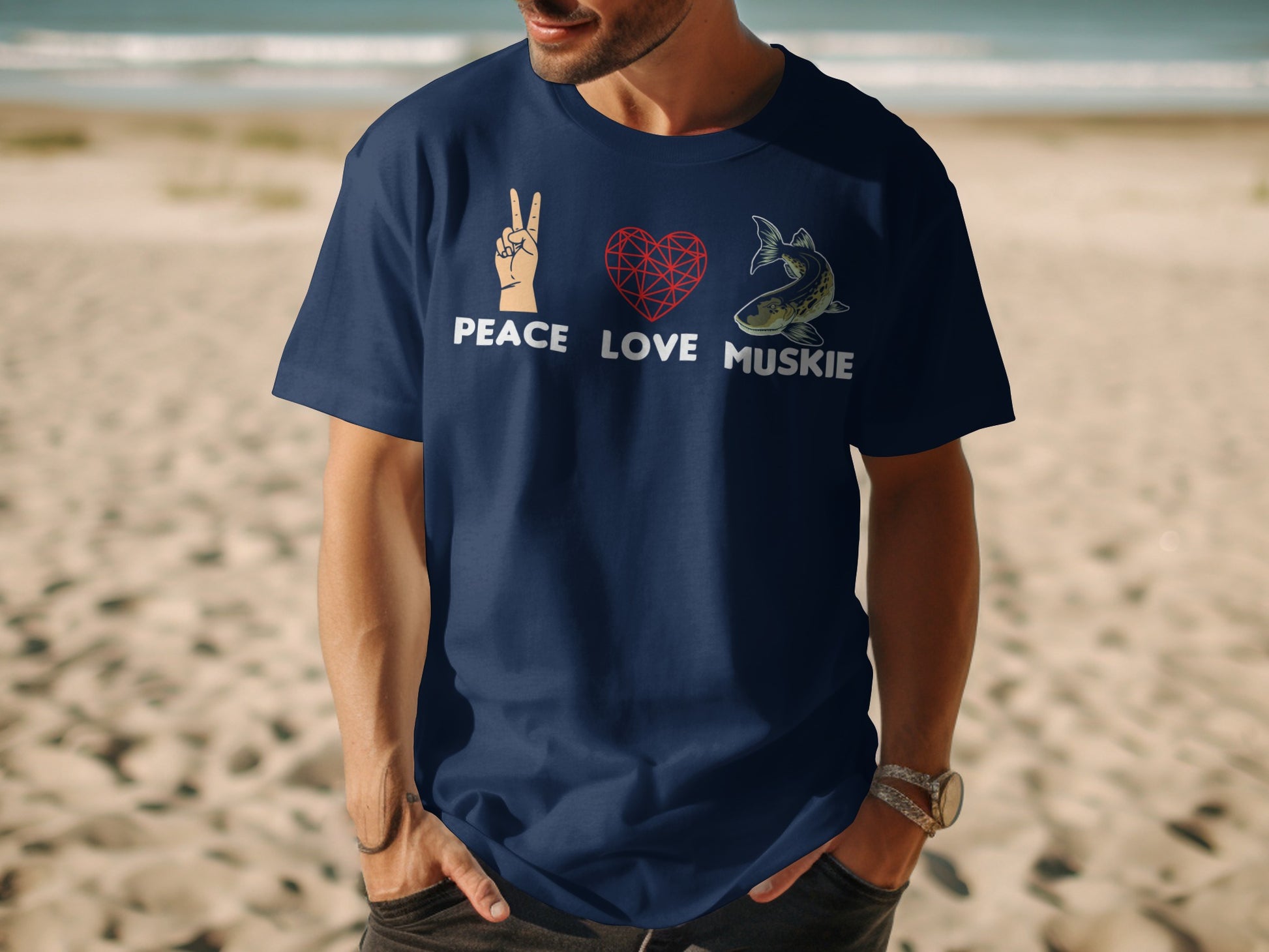 Navy t-shirt with peace, heart, and muskie graphics and text.