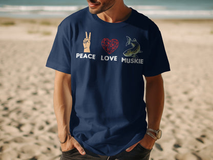 Navy t-shirt with peace, heart, and muskie graphics and text.