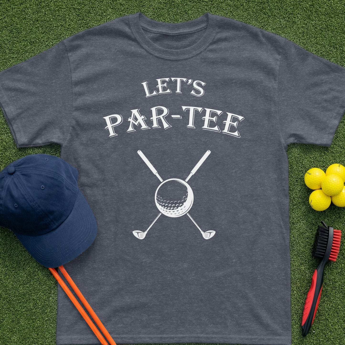 Dark grey t-shirt with "LET'S PAR-TEE" and golf ball and clubs graphic.