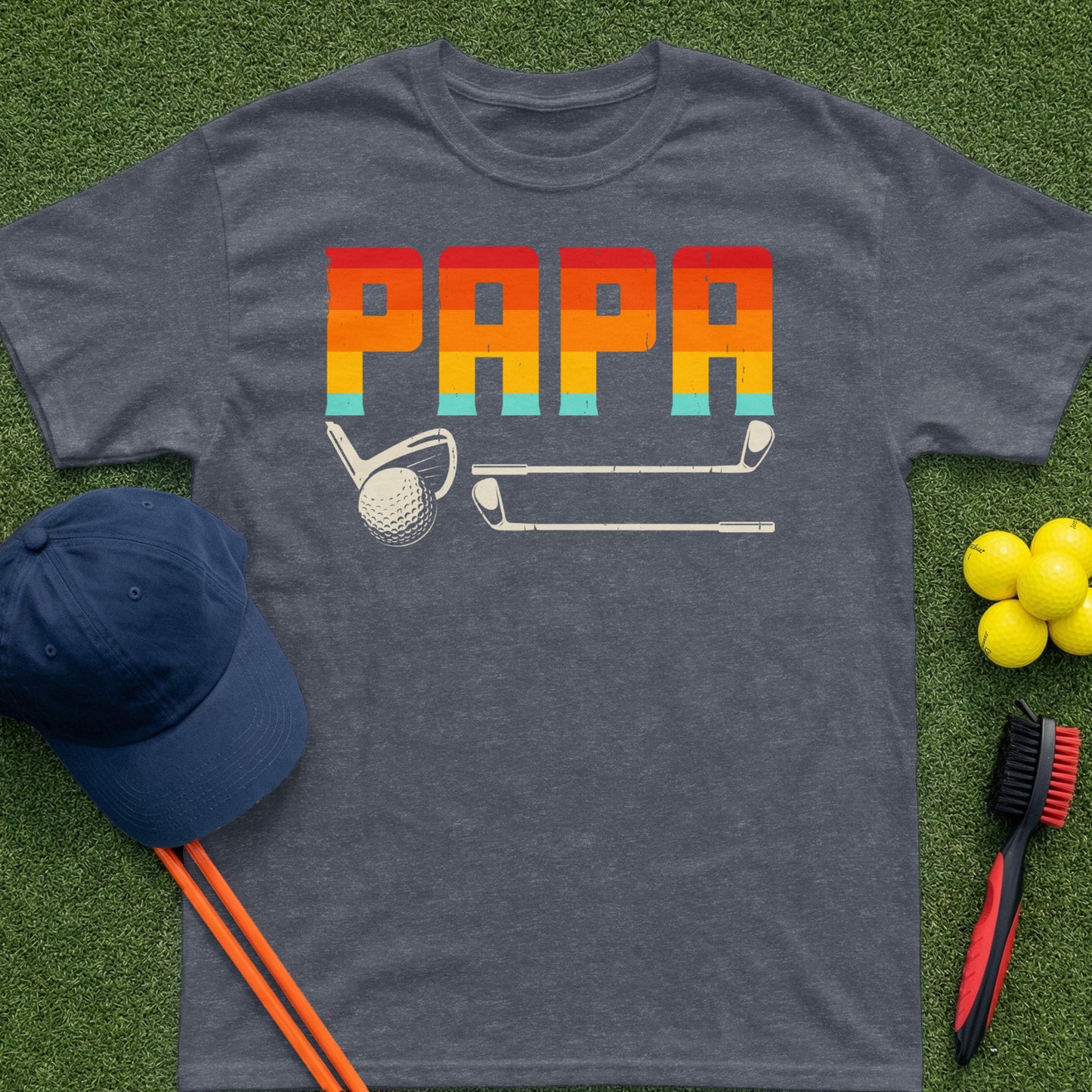 "Papa" text with golf club and ball graphic on a charcoal t-shirt.