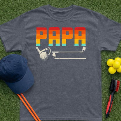 "Papa" text with golf club and ball graphic on a charcoal t-shirt.