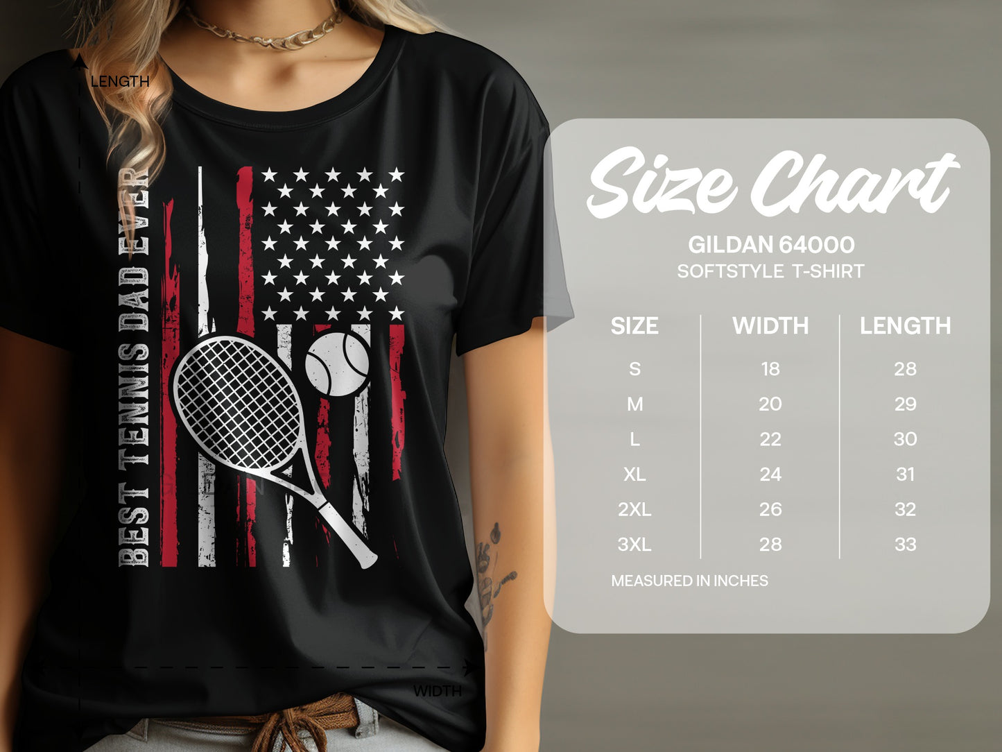 T-shirt with US flag design, tennis racket, and ball; size chart shown.