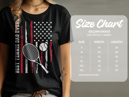 T-shirt with US flag design, tennis racket, and ball; size chart shown.