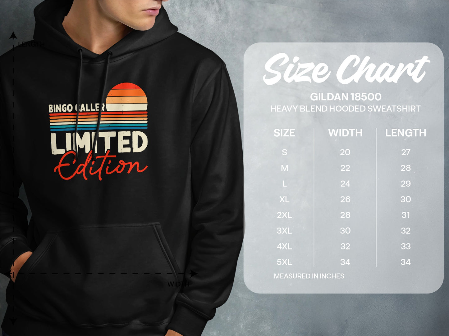 Gildan 18500 hoodie size chart with measurements in inches.