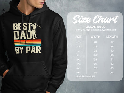 Hoodie with "BEST DAD BY PAR" text and golf graphic, beside size chart.