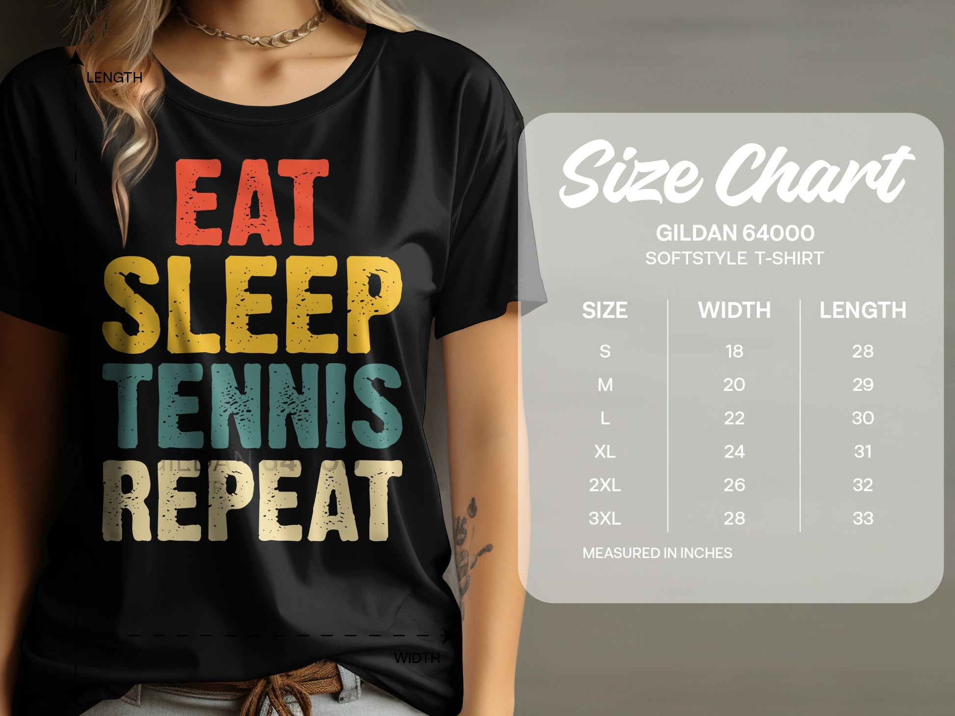 T-shirt with "EAT SLEEP TENNIS REPEAT" text and size chart.