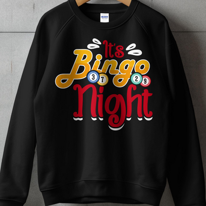 Black sweatshirt with "It's Bingo Night" text and colorful bingo balls.