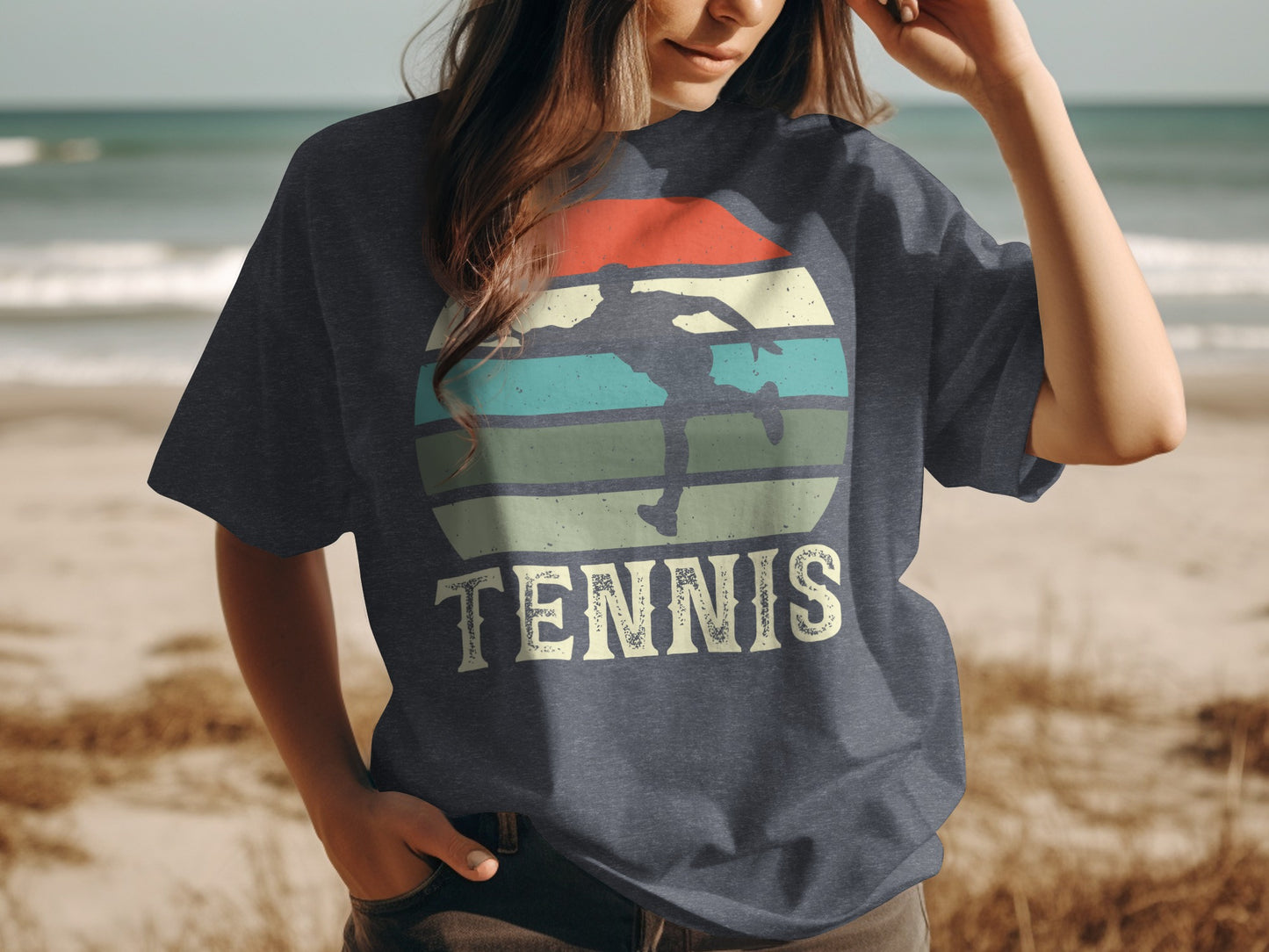 Dark blue t-shirt with vintage tennis player graphic and text.