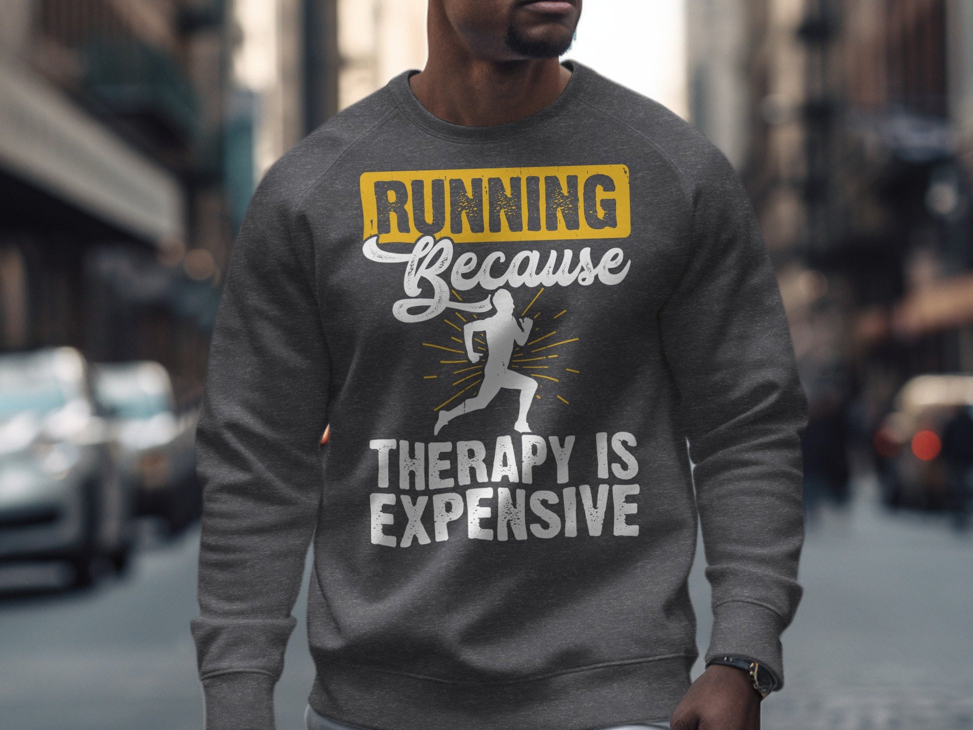 Gray sweatshirt with "Running Because Therapy Is Expensive" text and running figure.