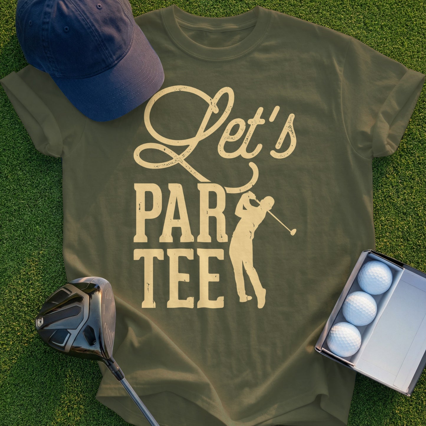 Olive green t-shirt with "Let's Par Tee" text and golfer graphic.