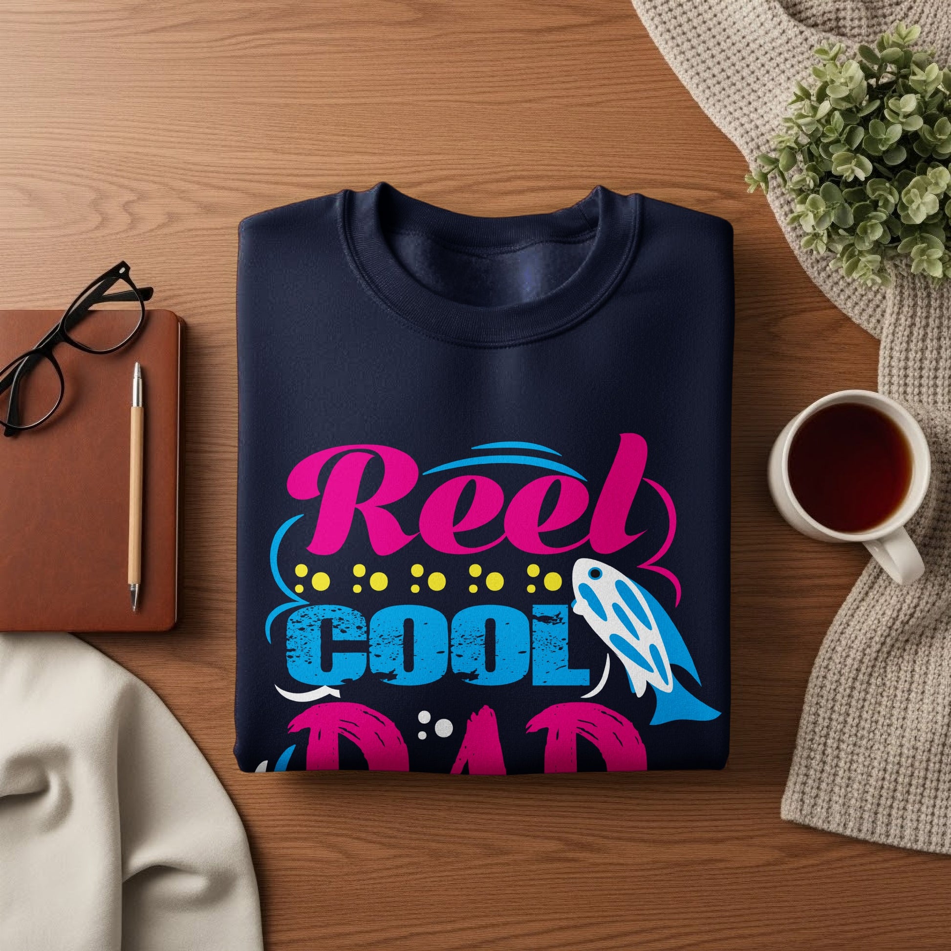 Navy sweatshirt with "Reel Cool Dad" text and a fish graphic.