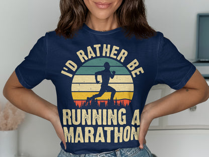 Navy t-shirt with "I'd rather be running a marathon" graphic.