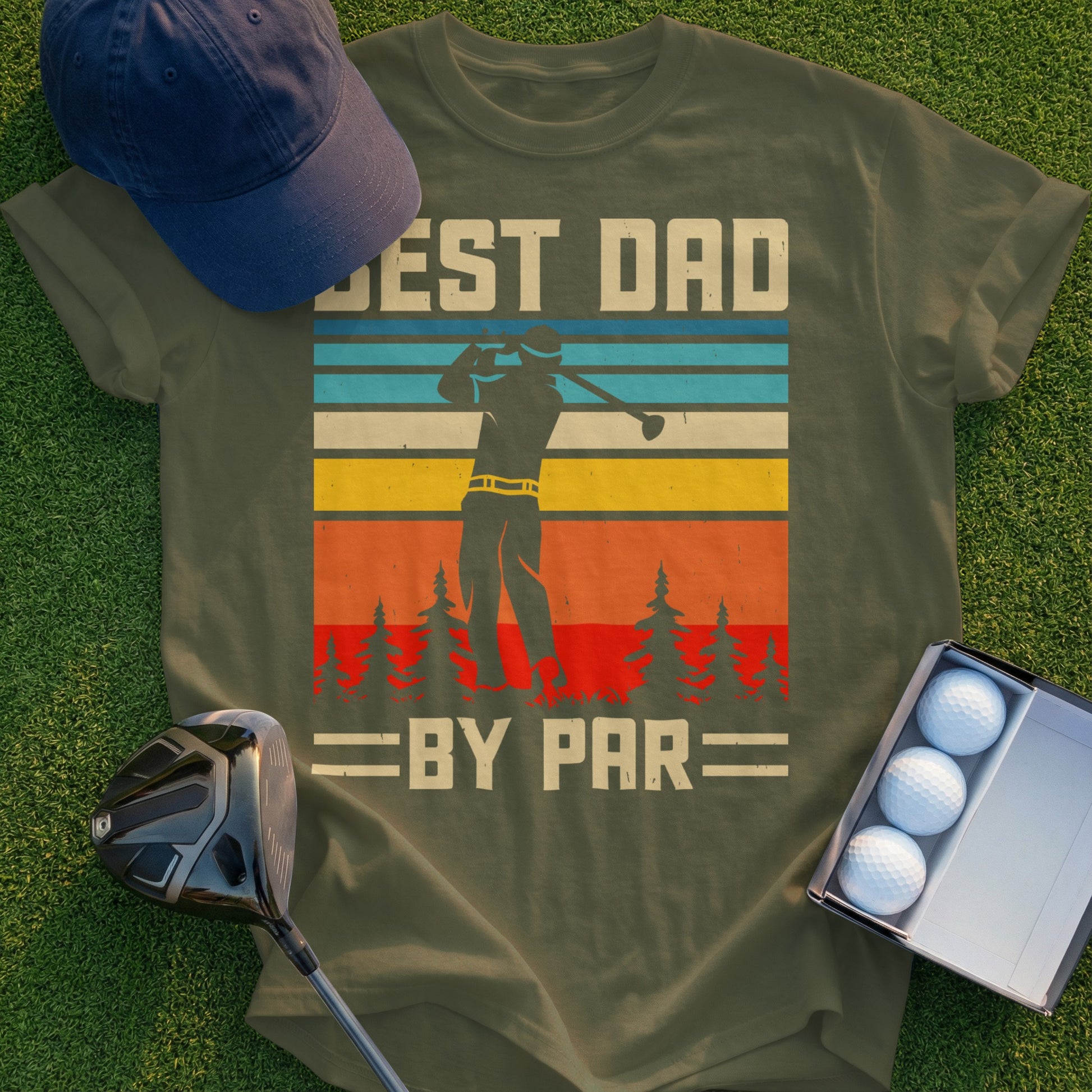 Olive green t-shirt with "BEST DAD BY PAR" text and a golfer illustration.
