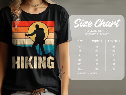 Black t-shirt with vintage hiker graphic and size chart for Gildan 64000 shirt.