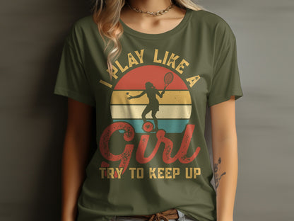 "Play like a girl" text on a t-shirt with a tennis player silhouette.