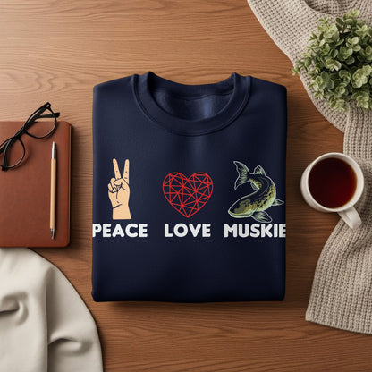 Navy sweatshirt with peace sign, heart, and muskie graphic, text reads "Peace Love Muskie".
