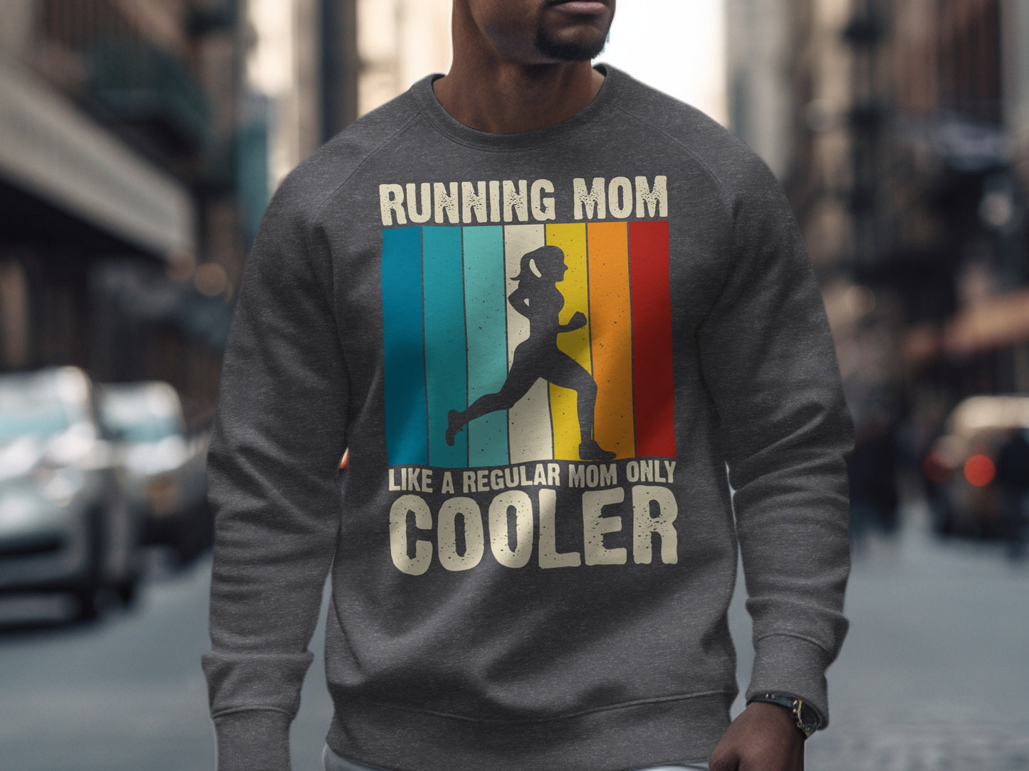 Gray sweatshirt with "Running Mom Like A Regular Mom Only Cooler" and rainbow graphic.