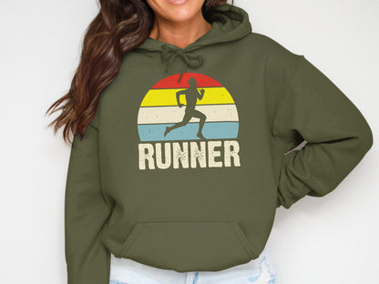 Olive hoodie with retro runner graphic and sunset stripes.
