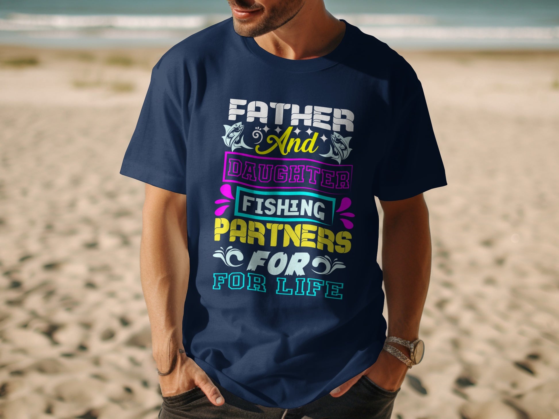 Navy t-shirt with "Father and Daughter Fishing Partners for Life" text.