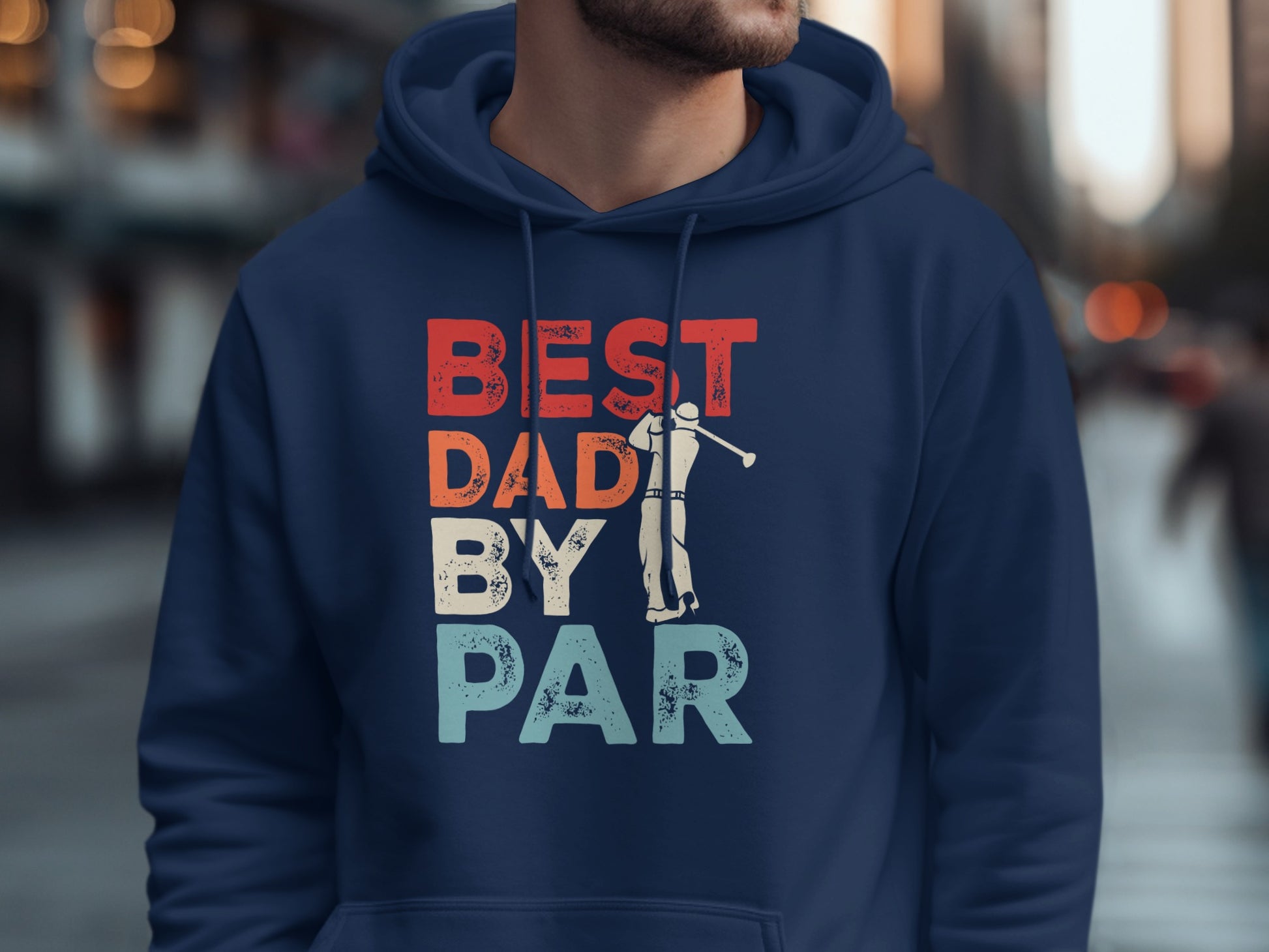 Navy hoodie with "Best Dad by Par" graphic and golfer silhouette.