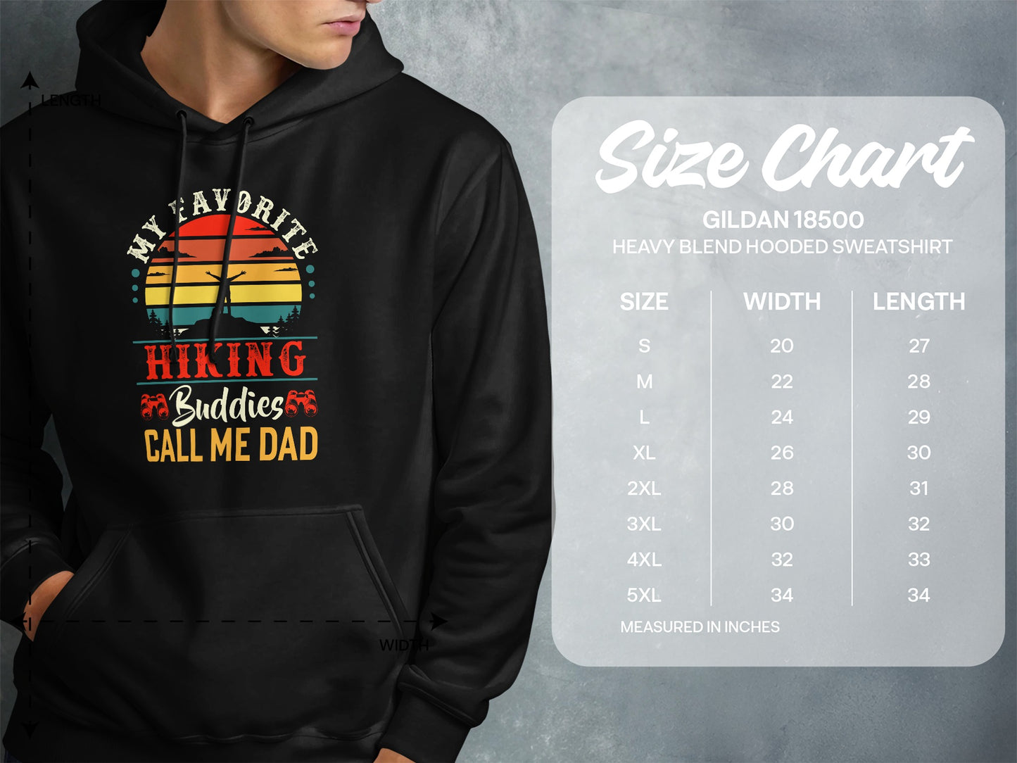 Hooded sweatshirt with "Hiking Buddies Call Me Dad" graphic and size chart.