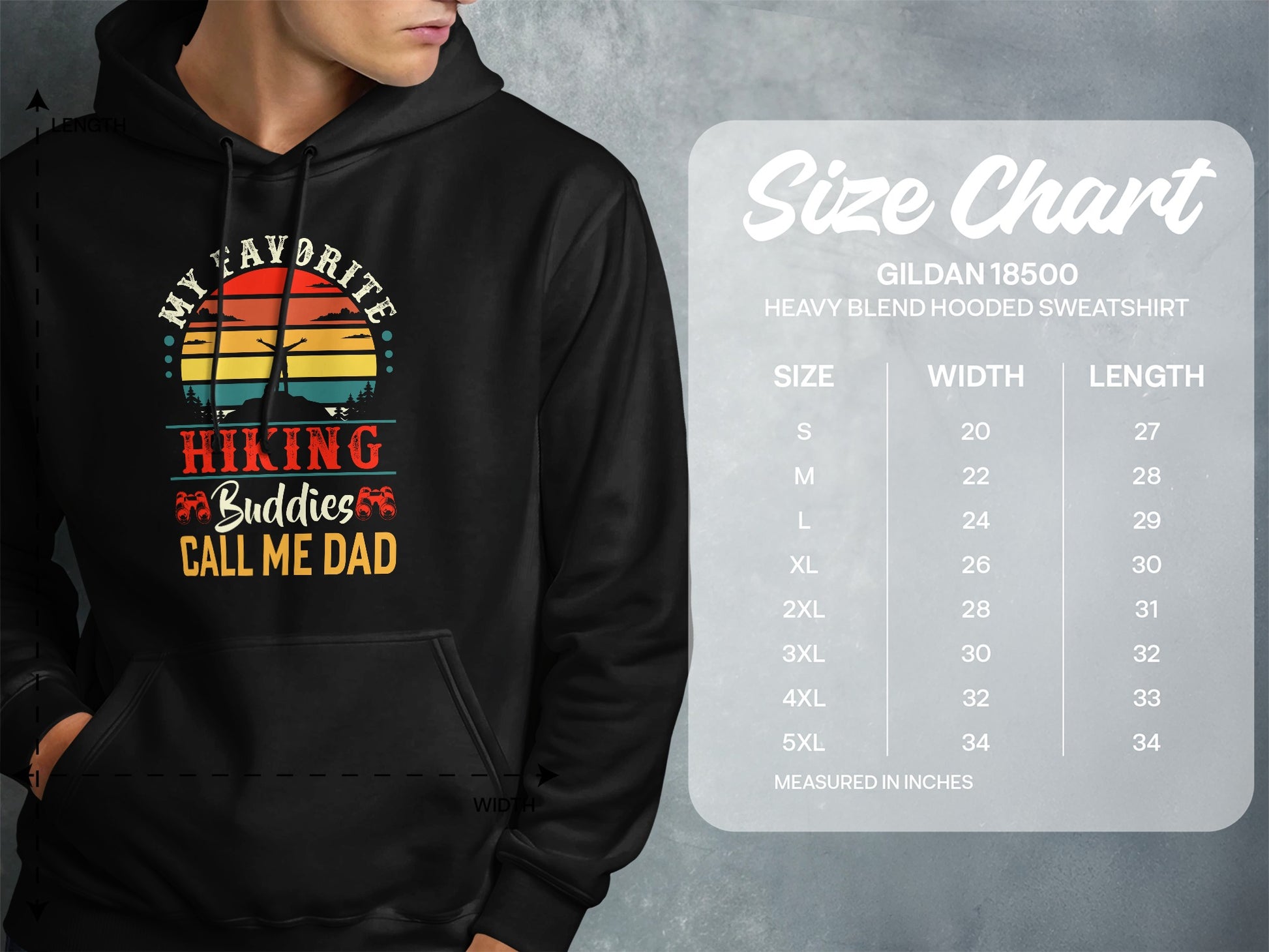 Hooded sweatshirt with "Hiking Buddies Call Me Dad" graphic and size chart.