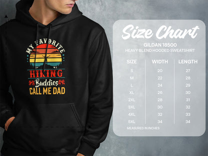 Hooded sweatshirt with "Hiking Buddies Call Me Dad" graphic and size chart.