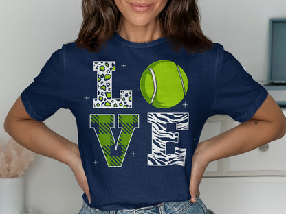 Navy t-shirt with "LOVE" design featuring a tennis ball and animal prints.