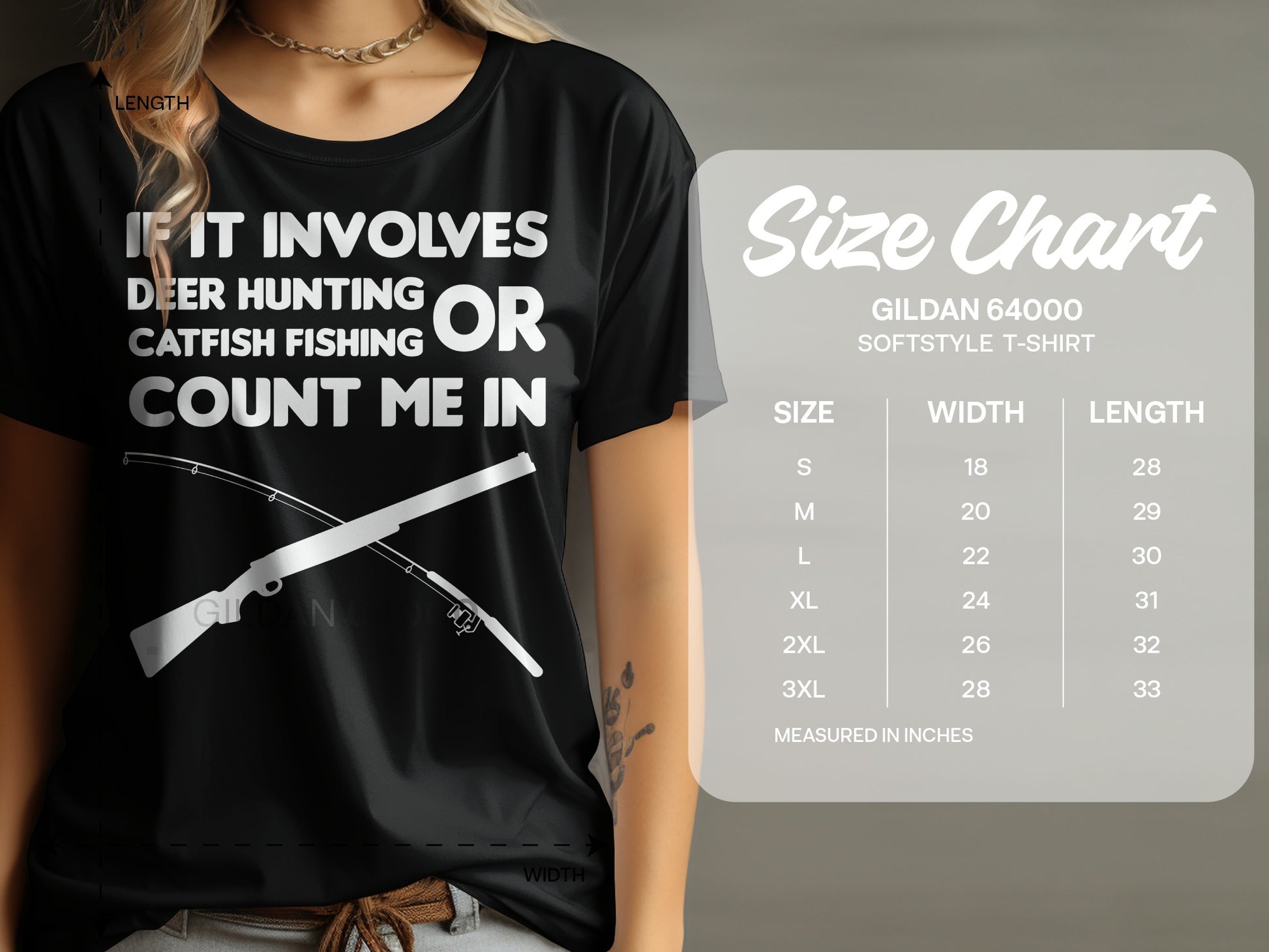 Black t-shirt with "If It Involves Deer Hunting Or Catfish Fishing Count Me In" text and size chart.