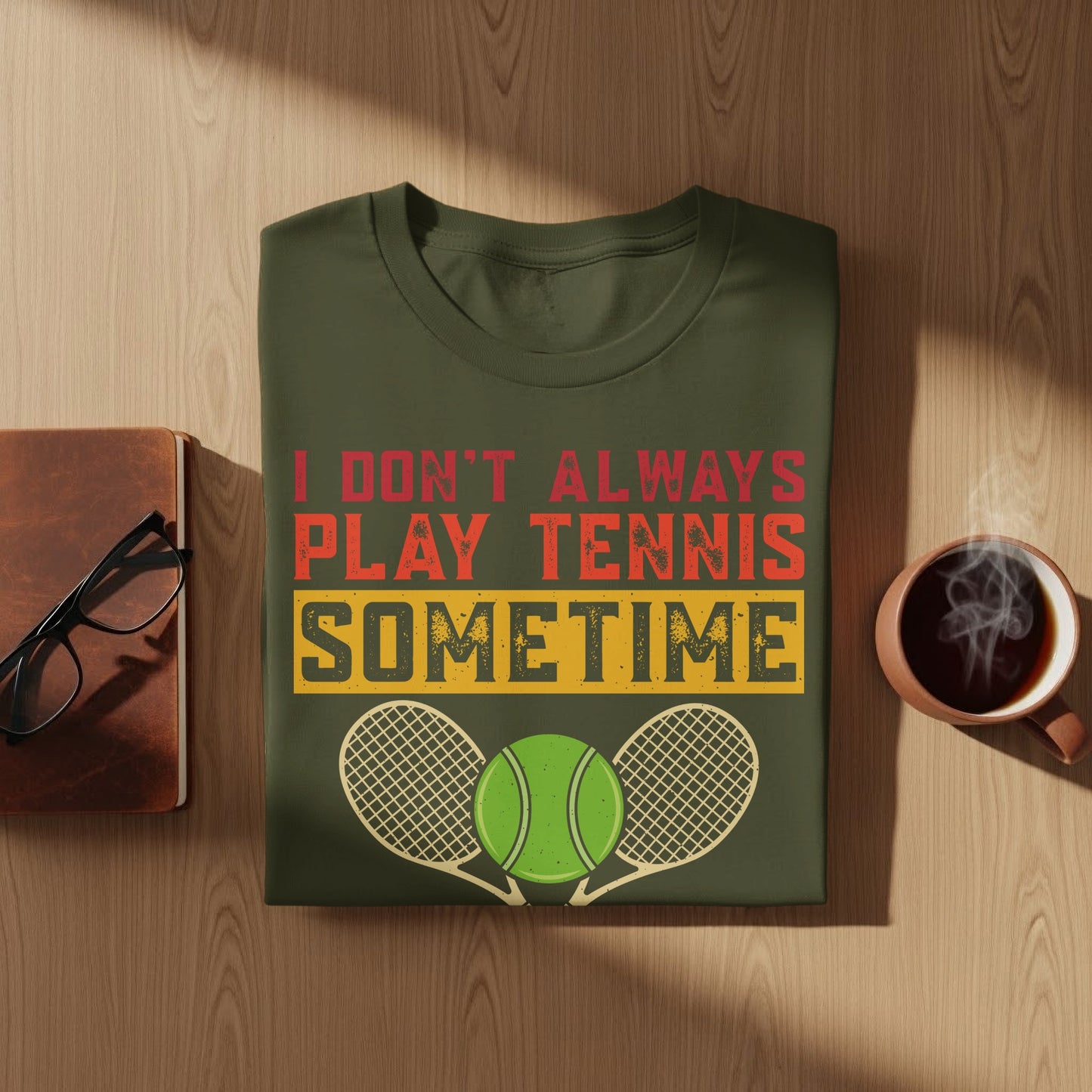 Green t-shirt with "I DON'T ALWAYS PLAY TENNIS SOMETIME" text and tennis graphic.