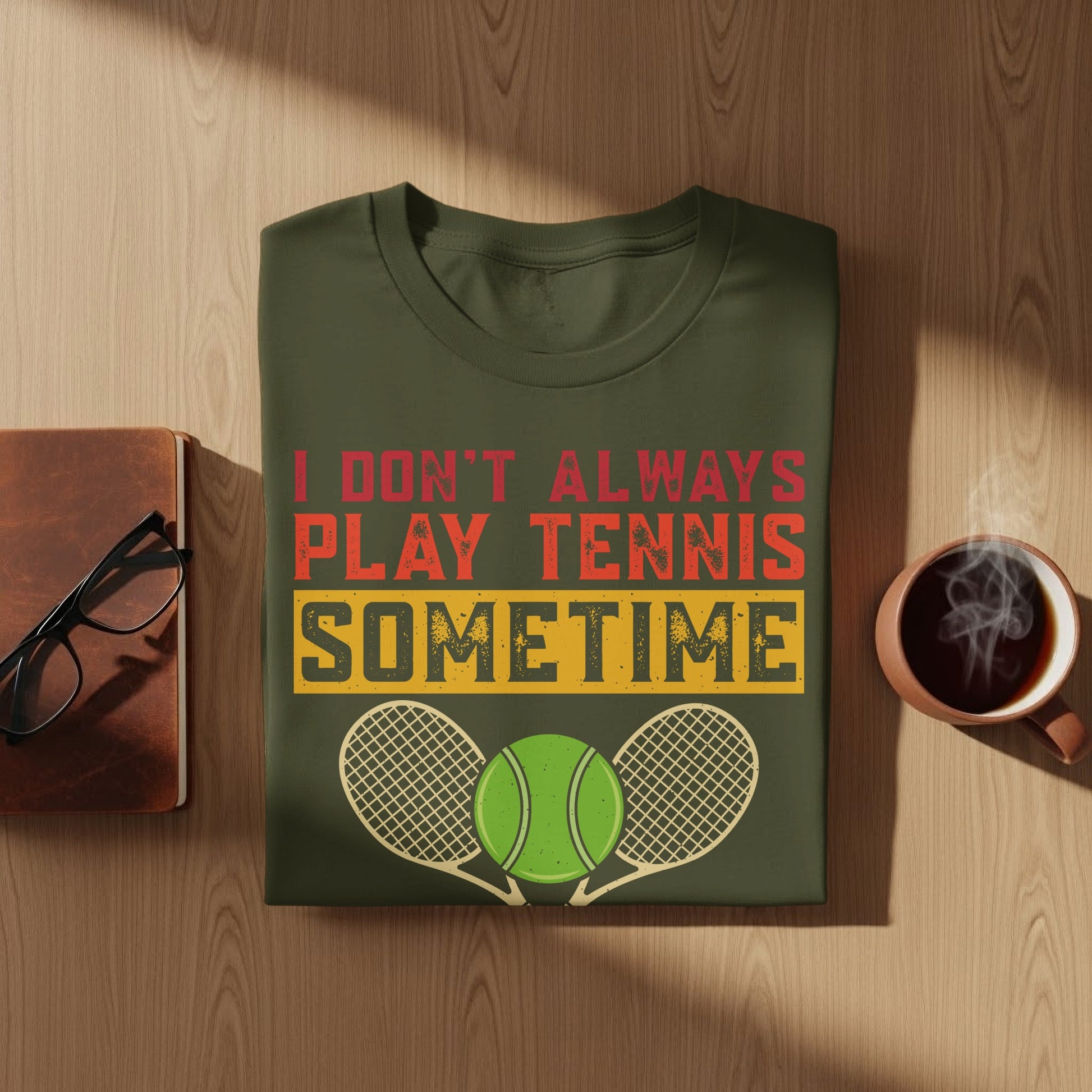 Green t-shirt with "I DON'T ALWAYS PLAY TENNIS SOMETIME" text and tennis graphic.