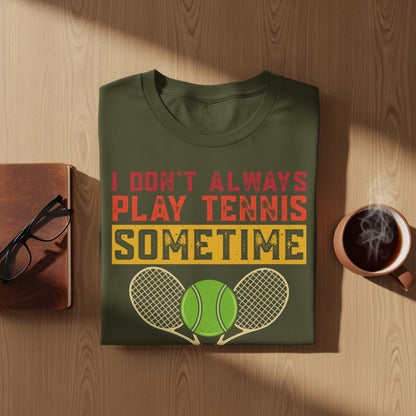 Green t-shirt with "I DON'T ALWAYS PLAY TENNIS SOMETIME" text and tennis graphic.