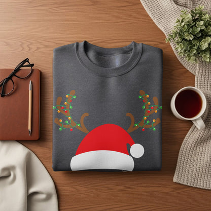 Dark gray crewneck sweatshirt with a Christmas hat and antler design.